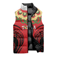 Personalised Red Tonga Ngatu Kahoa Lei Sleeveless Puffer Jacket LT14 - Polynesian Pride