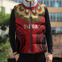 Personalised Red Tonga Ngatu Kahoa Lei Sleeveless Puffer Jacket LT14 - Polynesian Pride