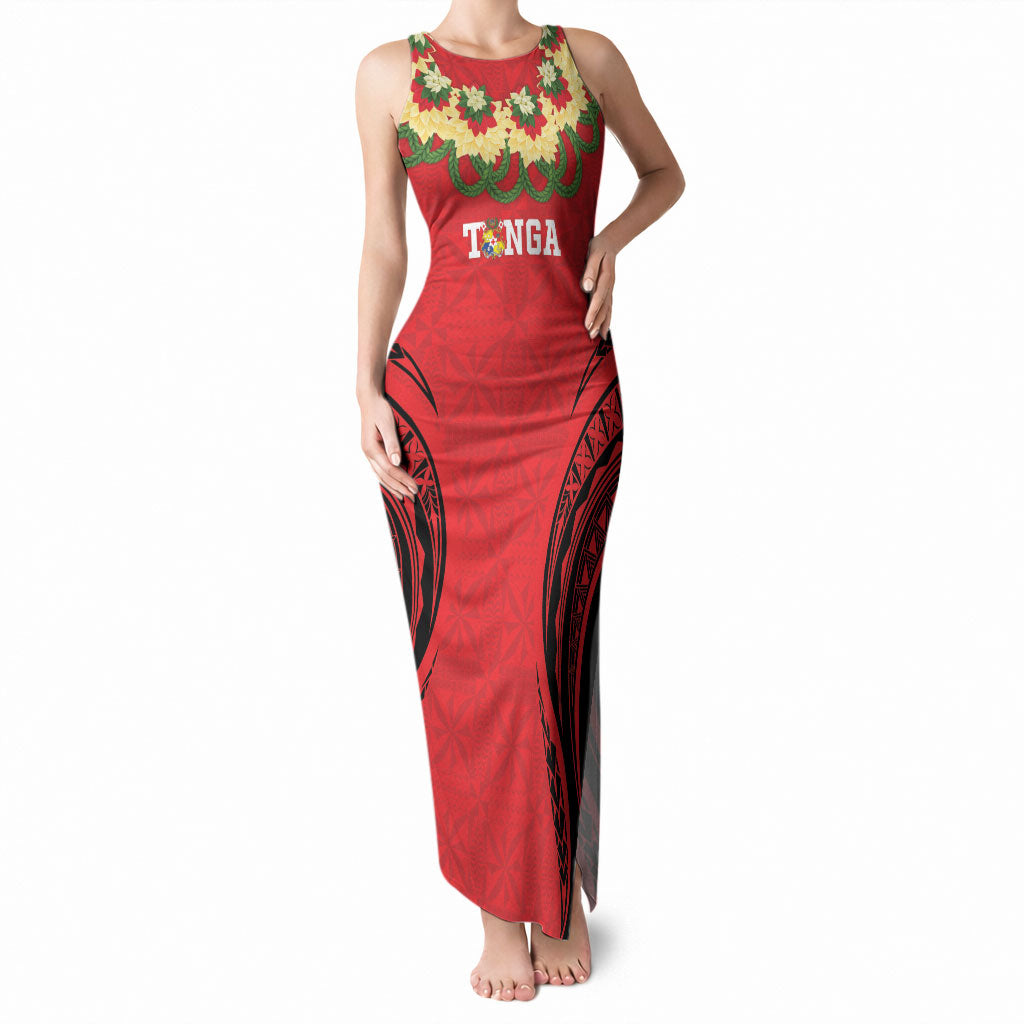 Personalised Red Tonga Ngatu Kahoa Lei Tank Maxi Dress LT14 Women Red - Polynesian Pride