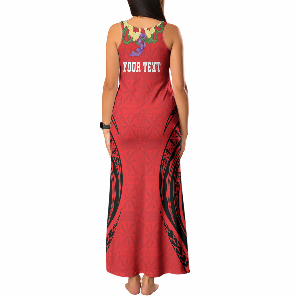 Personalised Red Tonga Ngatu Kahoa Lei Tank Maxi Dress LT14 - Polynesian Pride