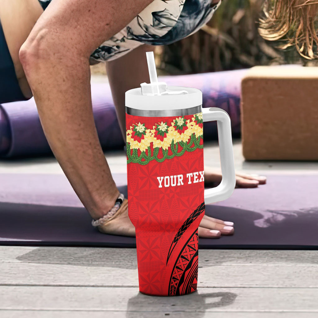 Personalised Red Tonga Ngatu Kahoa Lei Tumbler With Handle LT14 - Polynesian Pride