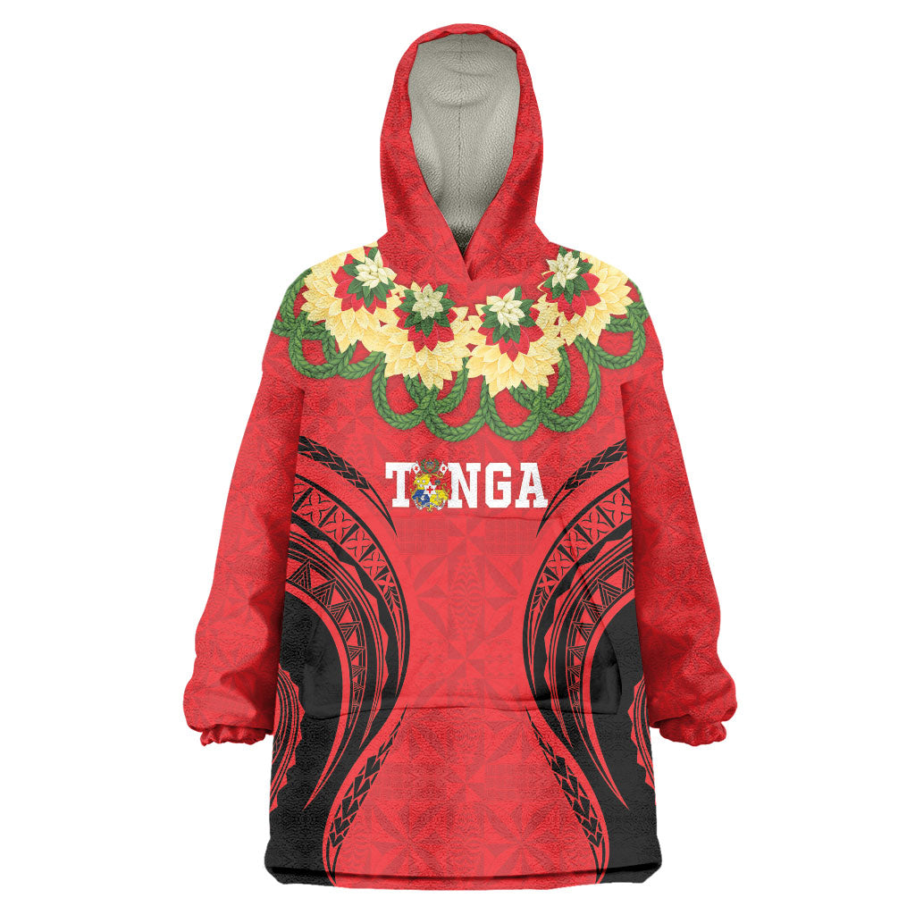 Personalised Red Tonga Ngatu Kahoa Lei Wearable Blanket Hoodie LT14 One Size Red - Polynesian Pride