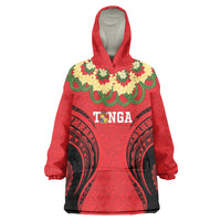 Personalised Red Tonga Ngatu Kahoa Lei Wearable Blanket Hoodie LT14 One Size Red - Polynesian Pride