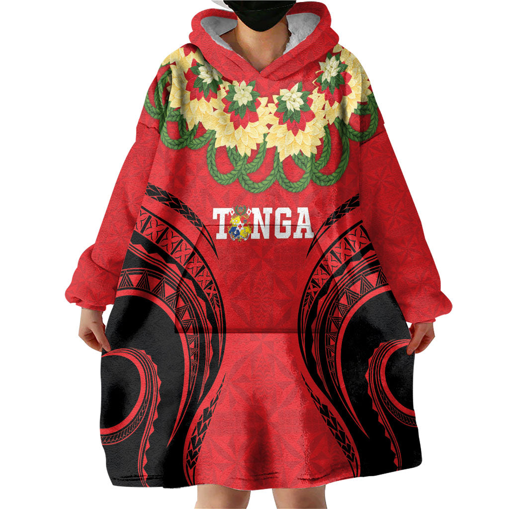 Personalised Red Tonga Ngatu Kahoa Lei Wearable Blanket Hoodie LT14 - Polynesian Pride