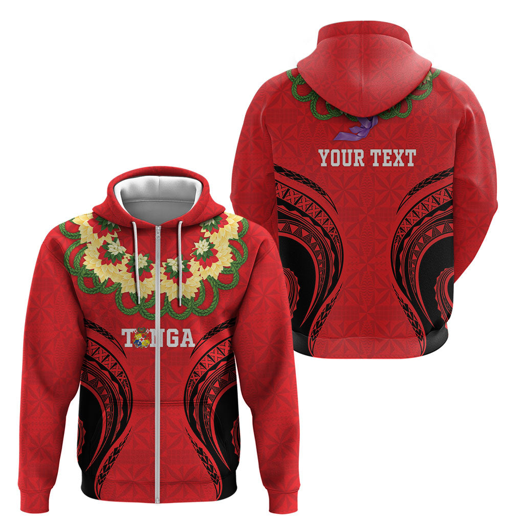 Personalised Red Tonga Ngatu Kahoa Lei Zip Hoodie LT14 - Polynesian Pride