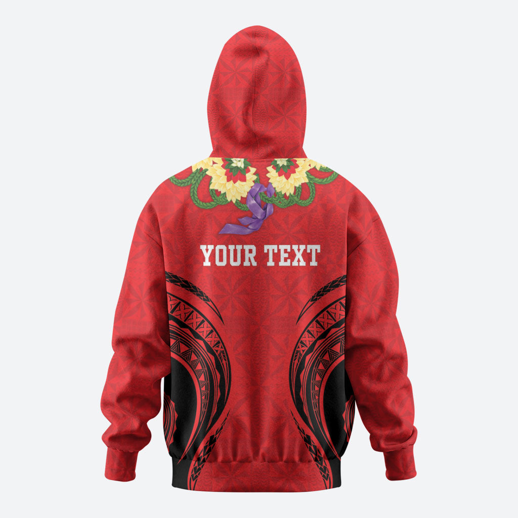 Personalised Red Tonga Ngatu Kahoa Lei Zip Hoodie LT14 - Polynesian Pride