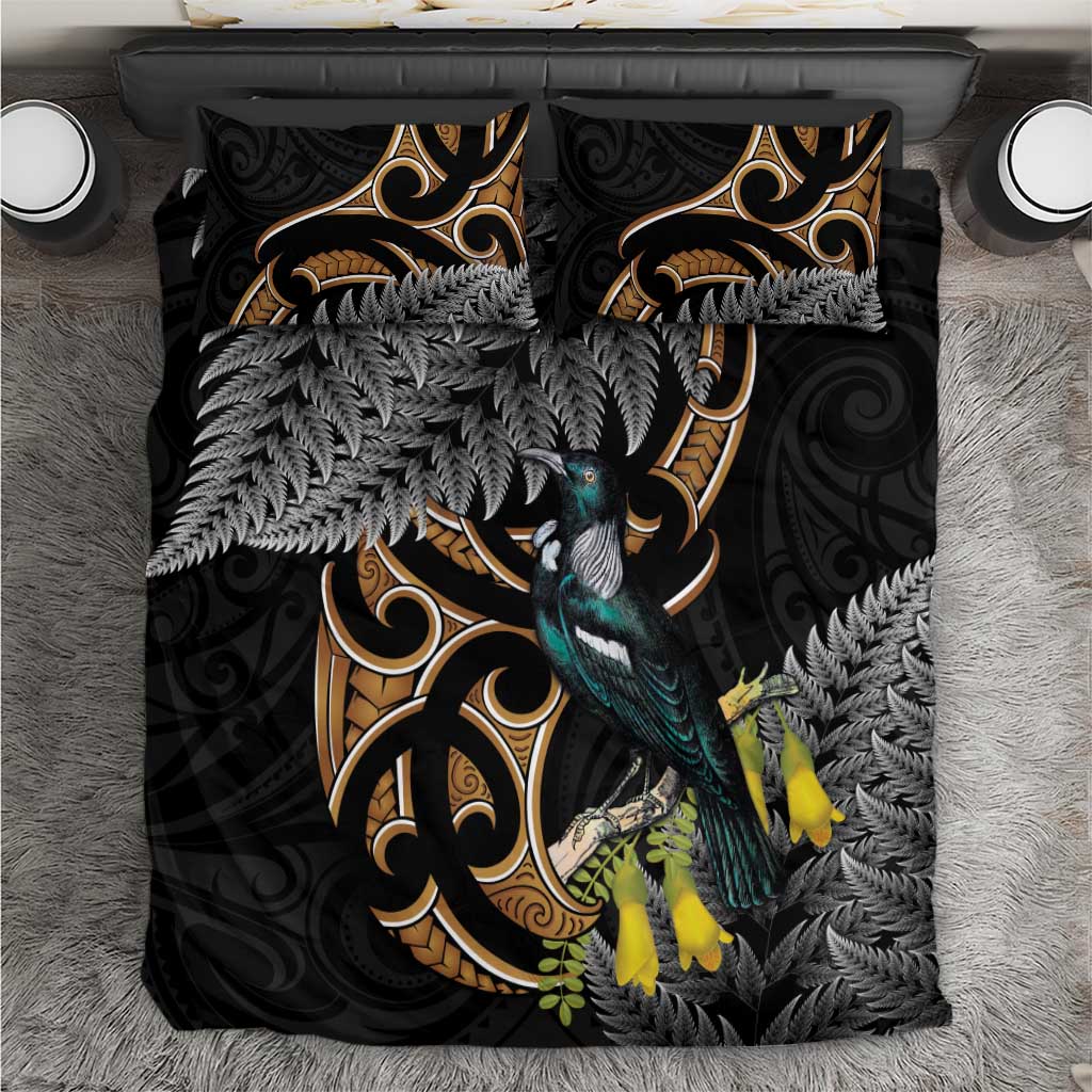 Aotearoa Kowhai Tui Bird Bedding Set Maori Ngaru With Silver Fern LT14 Black - Polynesian Pride