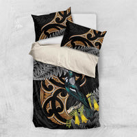 Aotearoa Kowhai Tui Bird Bedding Set Maori Ngaru With Silver Fern LT14 US Twin 172cm x 218cm Black - Polynesian Pride
