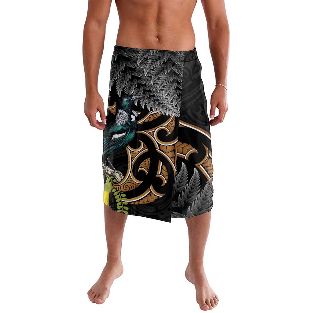 Aotearoa Kowhai Tui Bird Lavalava Maori Ngaru With Silver Fern LT14 Black - Polynesian Pride