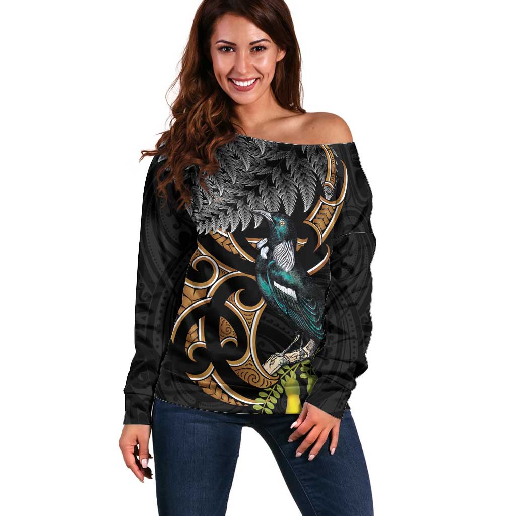 Aotearoa Kowhai Tui Bird Off Shoulder Sweater Maori Ngaru With Silver Fern LT14 Women Black - Polynesian Pride