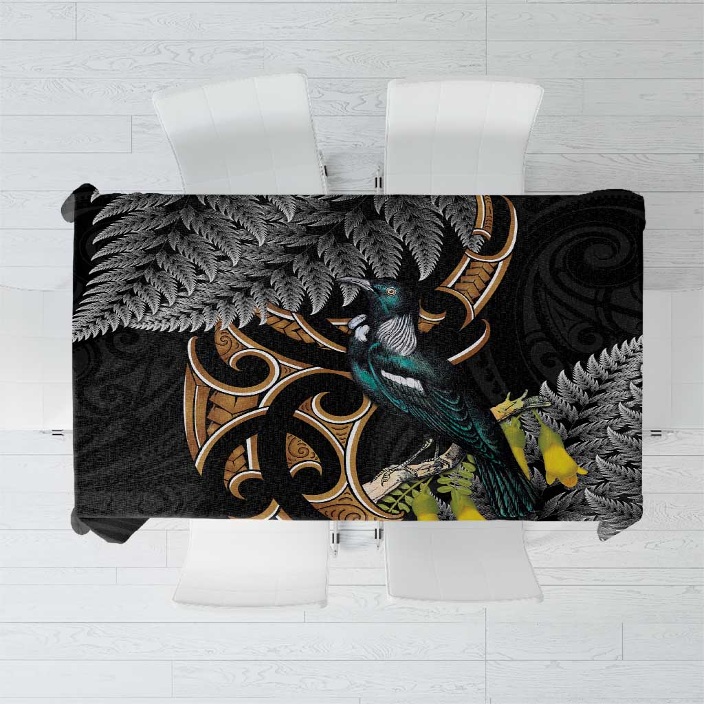 Aotearoa Kowhai Tui Bird Tablecloth Maori Ngaru With Silver Fern LT14 Black - Polynesian Pride