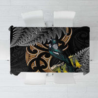 Aotearoa Kowhai Tui Bird Tablecloth Maori Ngaru With Silver Fern LT14 Black - Polynesian Pride