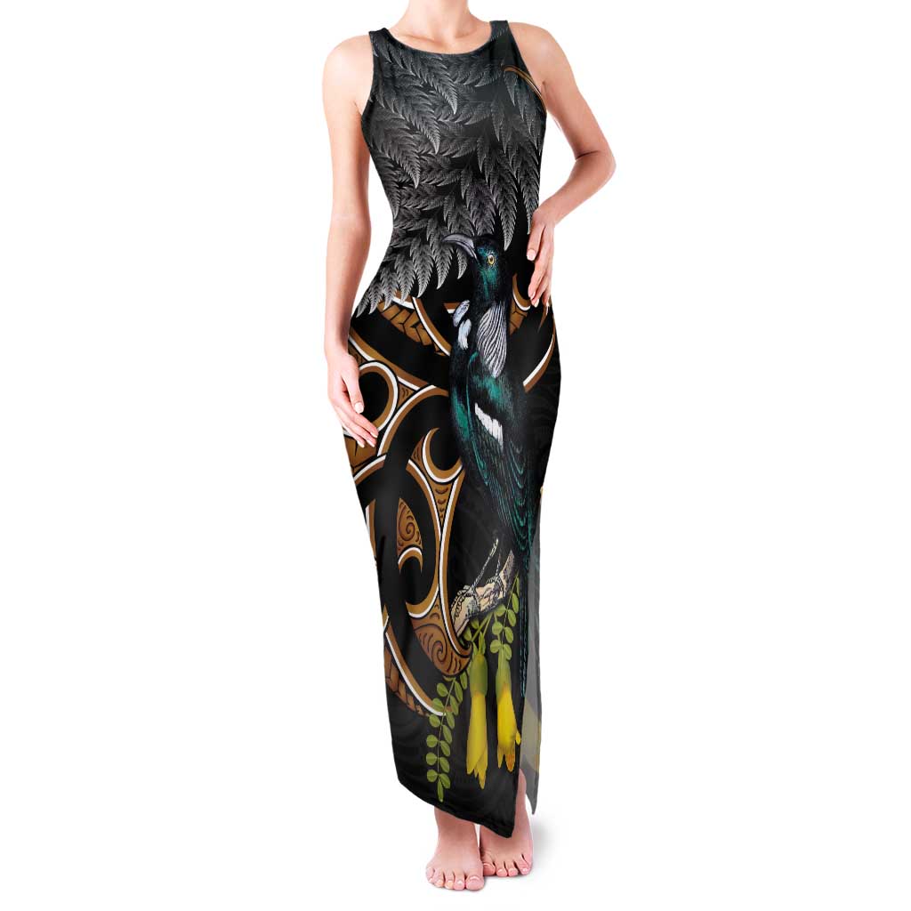 Aotearoa Kowhai Tui Bird Tank Maxi Dress Maori Ngaru With Silver Fern