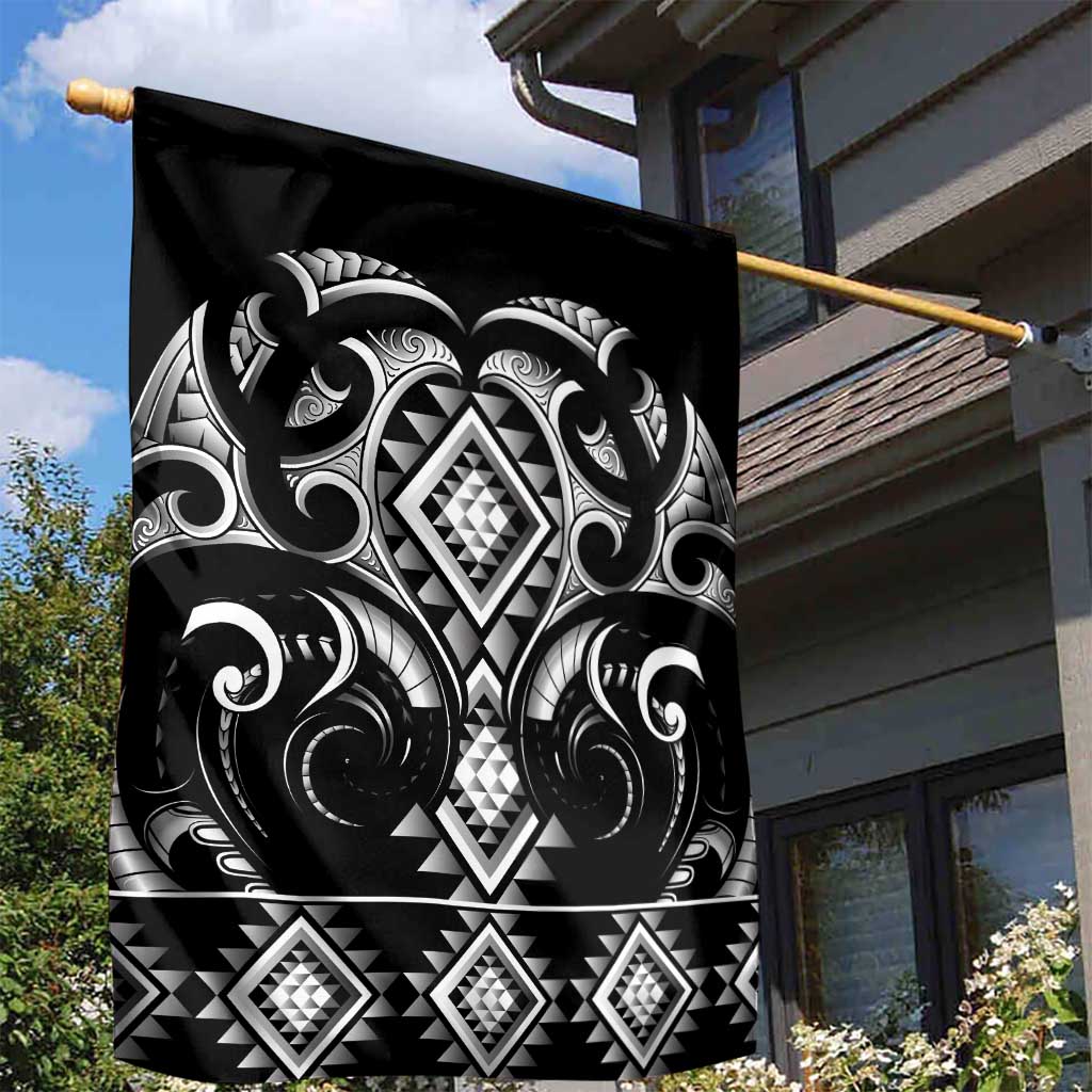 Black Ngaru Taniko With Aotearoa Maori Tattoo Garden Flag LT14 - Polynesian Pride