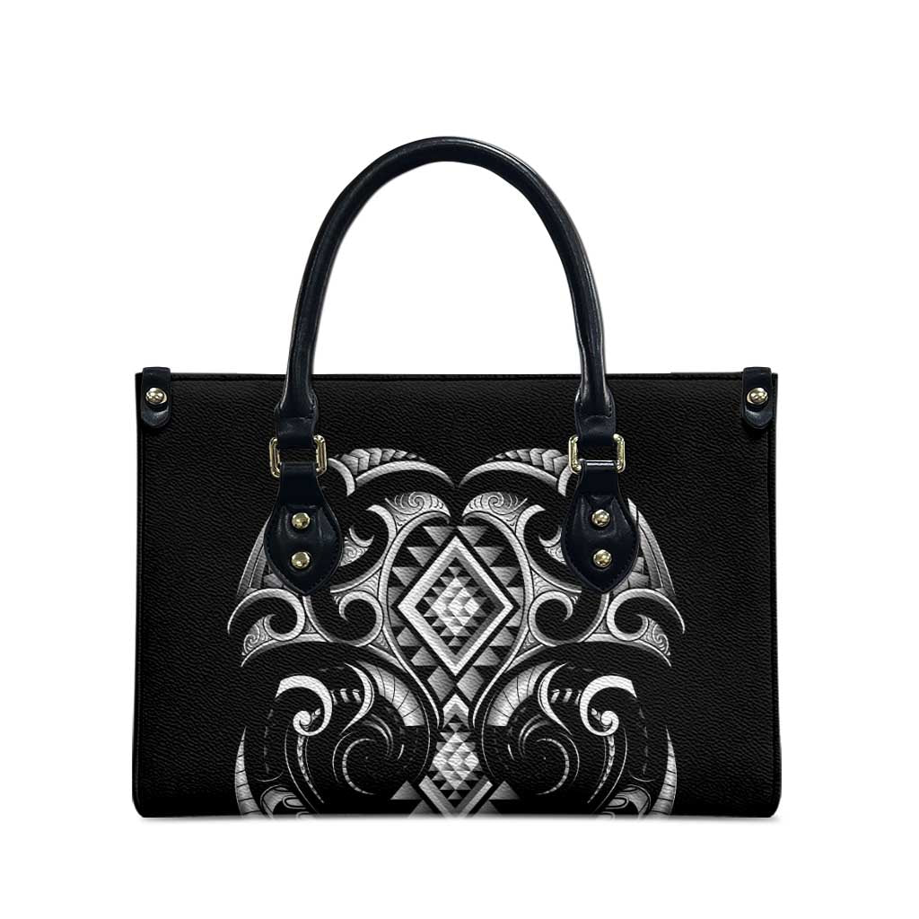 Black Ngaru Taniko With Aotearoa Maori Tattoo Leather Bag LT14 - Polynesian Pride