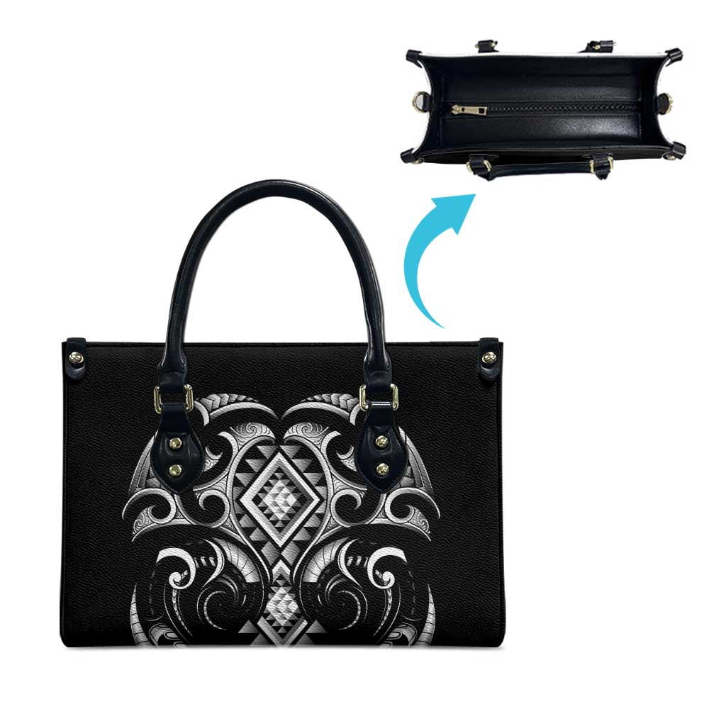 Black Ngaru Taniko With Aotearoa Maori Tattoo Leather Bag LT14 - Polynesian Pride