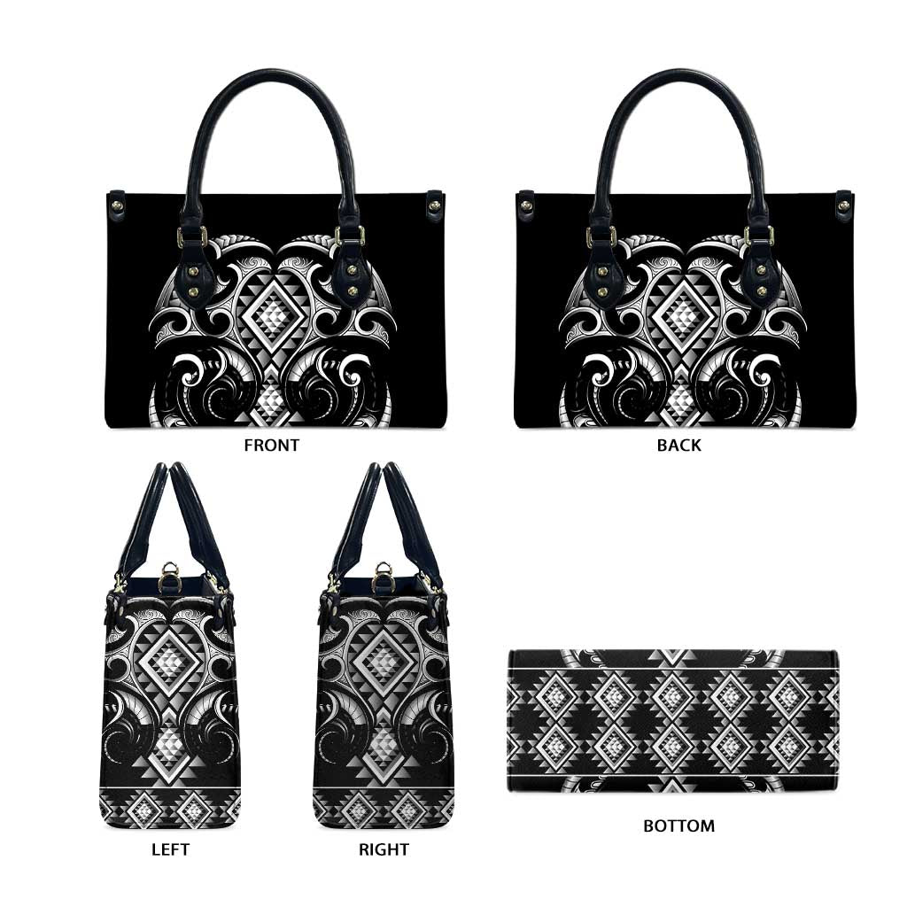 Black Ngaru Taniko With Aotearoa Maori Tattoo Leather Bag LT14 - Polynesian Pride