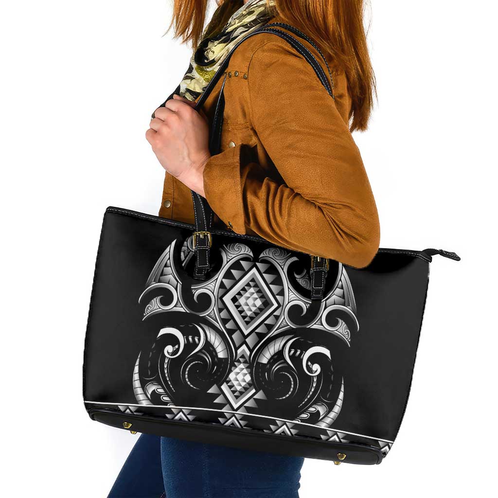 Black Ngaru Taniko With Aotearoa Maori Tattoo Leather Tote Bag LT14 Black - Polynesian Pride
