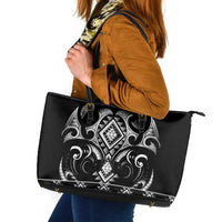 Black Ngaru Taniko With Aotearoa Maori Tattoo Leather Tote Bag LT14 Black - Polynesian Pride