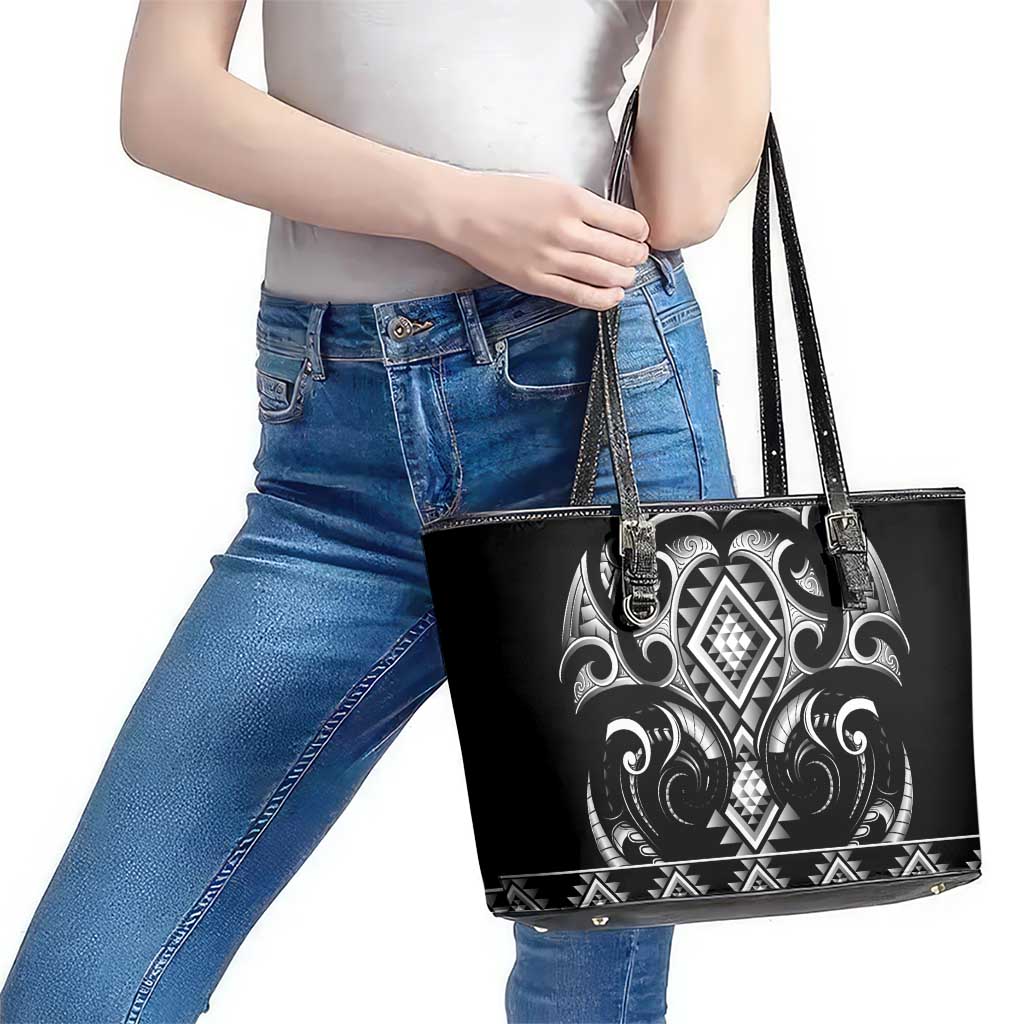 Black Ngaru Taniko With Aotearoa Maori Tattoo Leather Tote Bag LT14 - Polynesian Pride