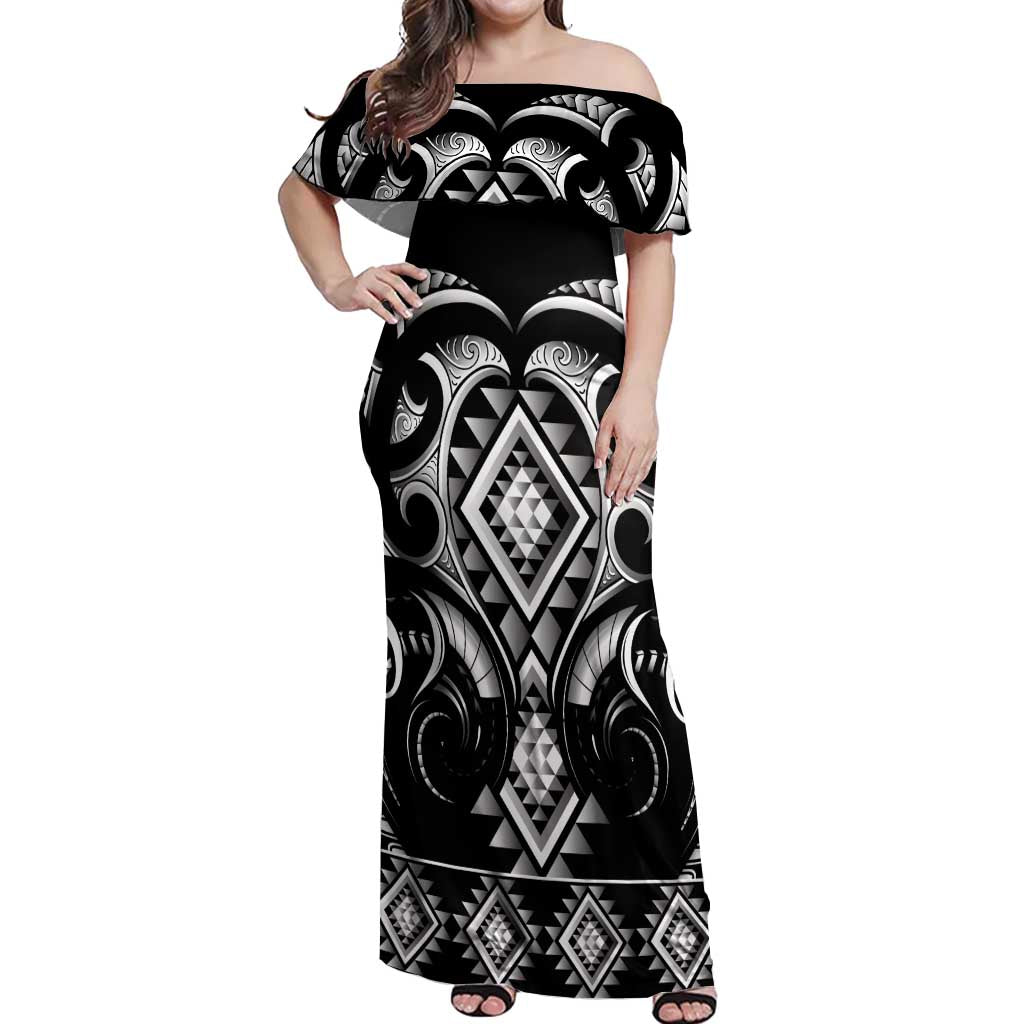 Black Ngaru Taniko With Aotearoa Maori Tattoo Off Shoulder Maxi Dress