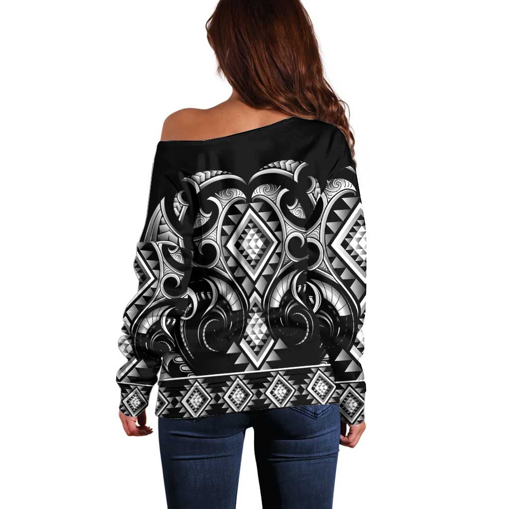 Black Ngaru Taniko With Aotearoa Maori Tattoo Off Shoulder Sweater LT14 - Polynesian Pride