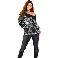 Black Ngaru Taniko With Aotearoa Maori Tattoo Off Shoulder Sweater LT14 - Polynesian Pride