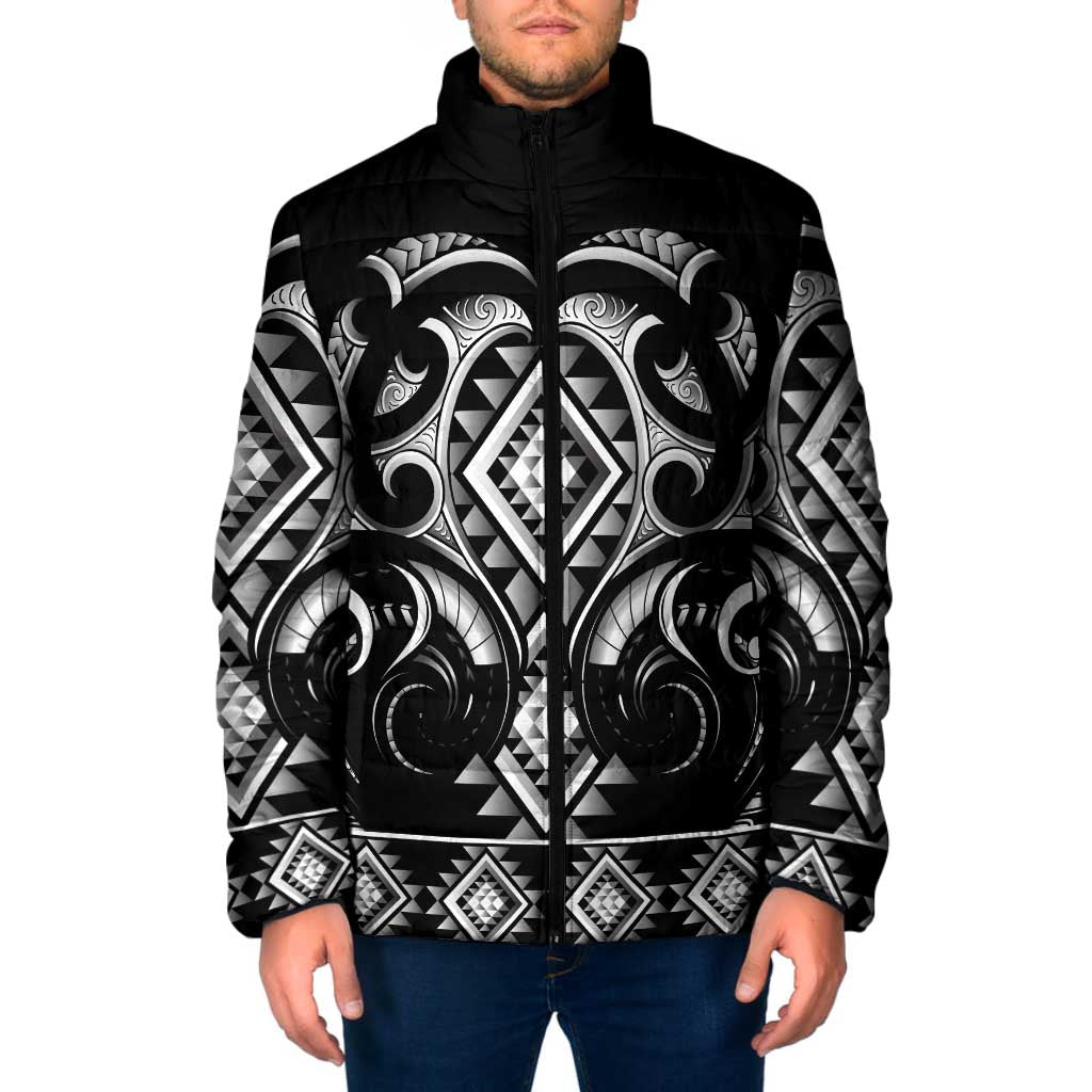 Black Ngaru Taniko With Aotearoa Maori Tattoo Padded Jacket LT14 Men Black - Polynesian Pride
