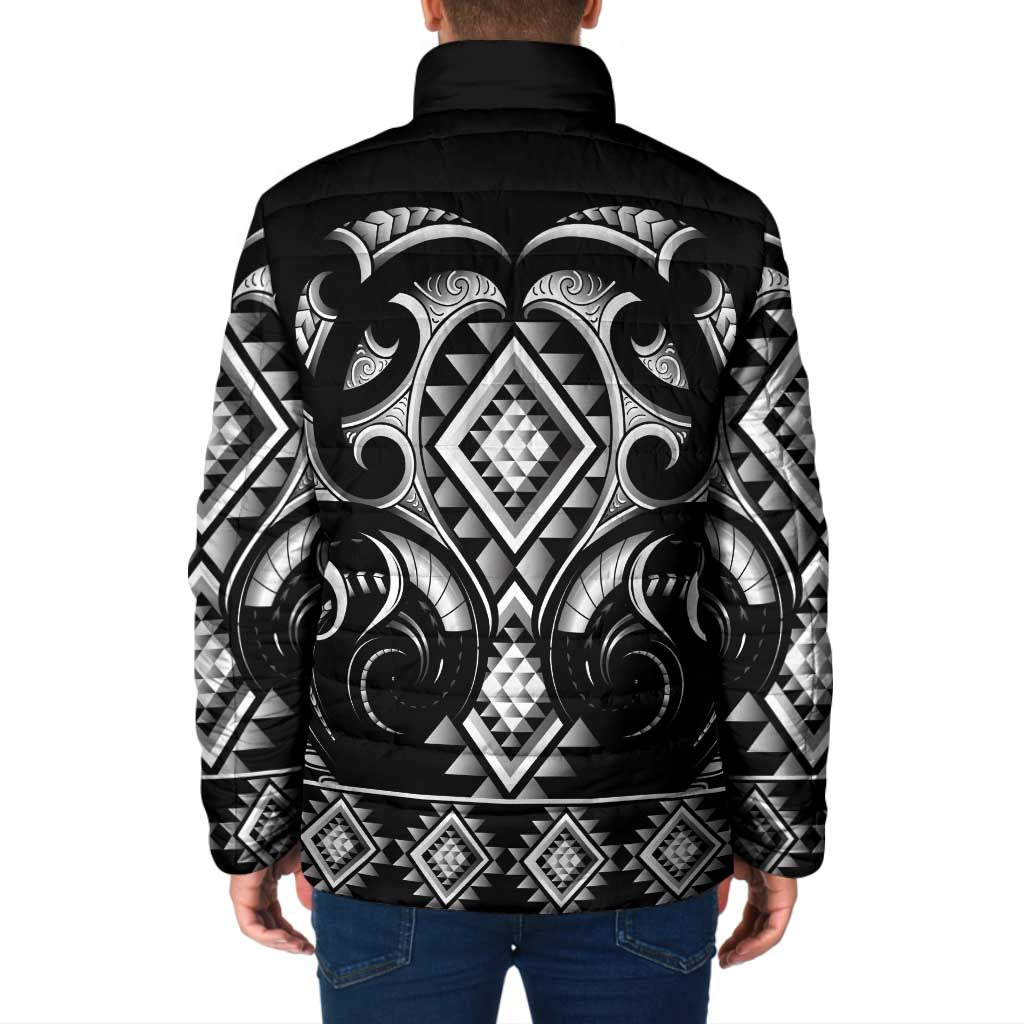 Black Ngaru Taniko With Aotearoa Maori Tattoo Padded Jacket LT14 - Polynesian Pride