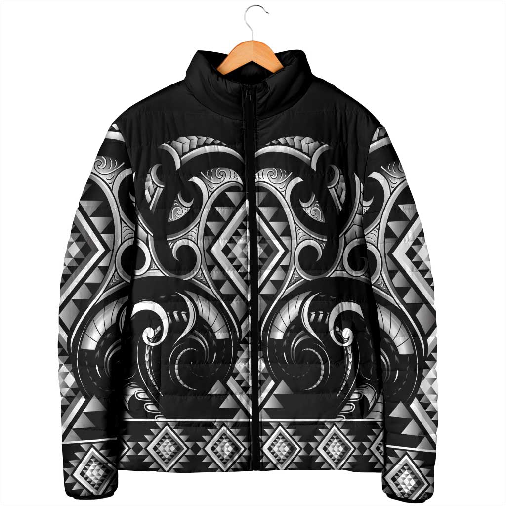 Black Ngaru Taniko With Aotearoa Maori Tattoo Padded Jacket LT14 - Polynesian Pride