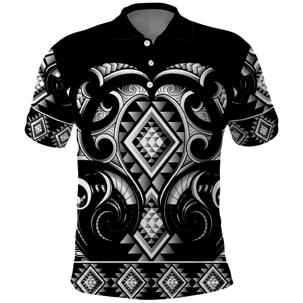 Black Ngaru Taniko With Aotearoa Maori Tattoo Polo Shirt LT14 Black - Polynesian Pride