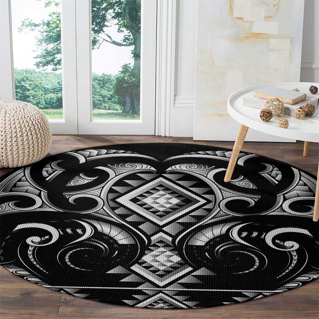 Black Ngaru Taniko With Aotearoa Maori Tattoo Round Carpet LT14 - Polynesian Pride