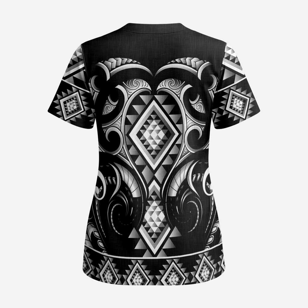 Black Ngaru Taniko With Aotearoa Maori Tattoo Scrub Top LT14 - Polynesian Pride
