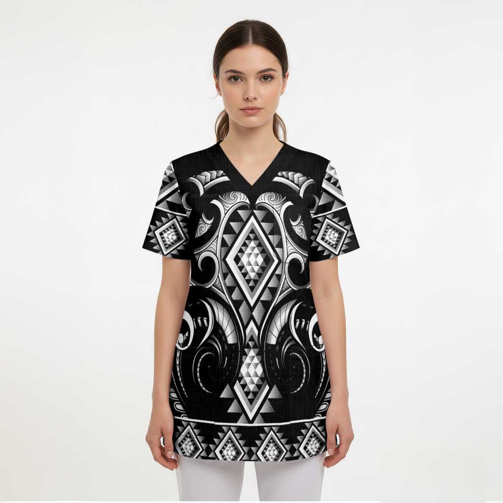 Black Ngaru Taniko With Aotearoa Maori Tattoo Scrub Top LT14 - Polynesian Pride