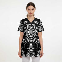 Black Ngaru Taniko With Aotearoa Maori Tattoo Scrub Top LT14 - Polynesian Pride