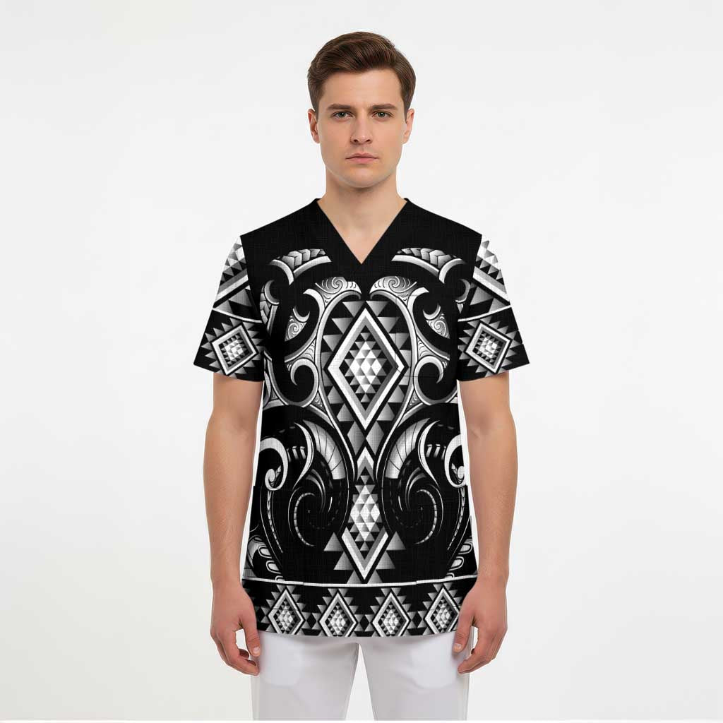 Black Ngaru Taniko With Aotearoa Maori Tattoo Scrub Top LT14 - Polynesian Pride