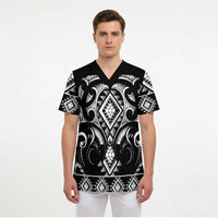 Black Ngaru Taniko With Aotearoa Maori Tattoo Scrub Top LT14 - Polynesian Pride
