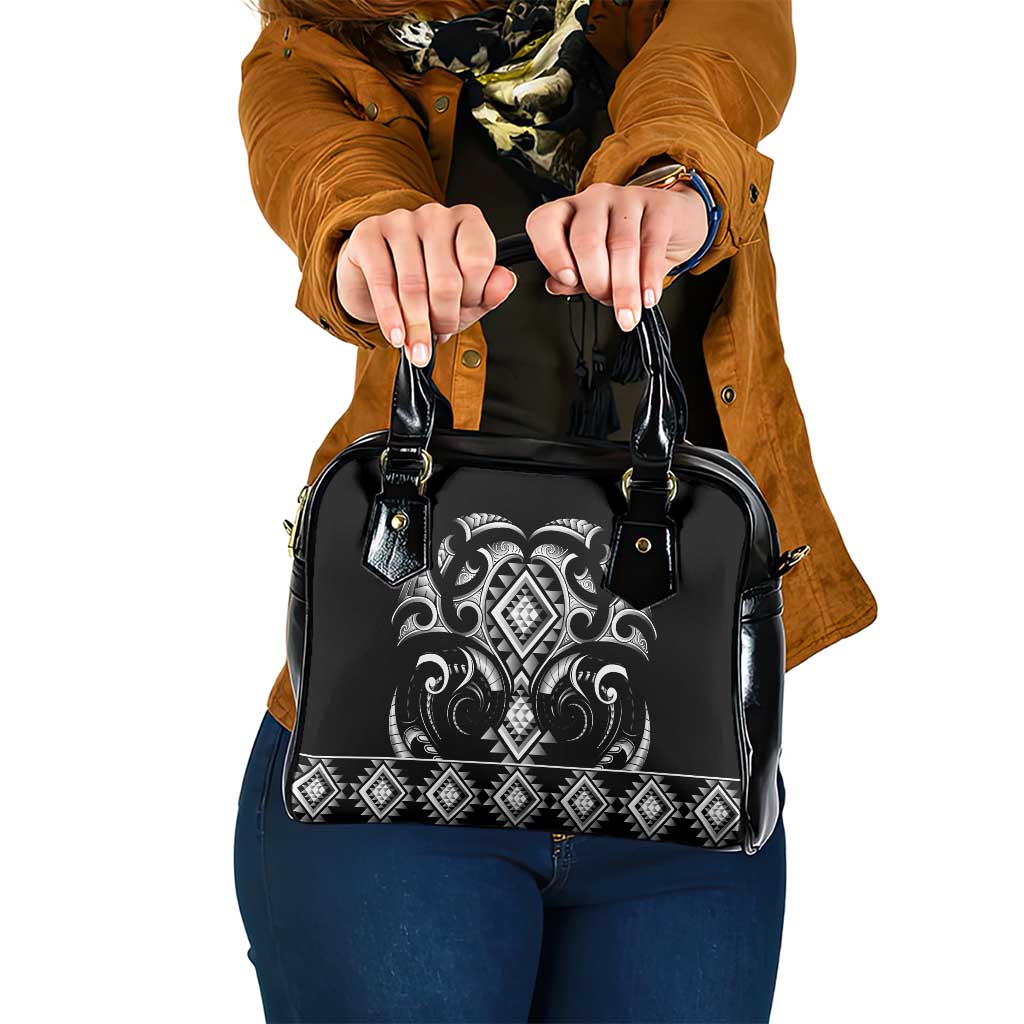 Black Ngaru Taniko With Aotearoa Maori Tattoo Shoulder Handbag LT14 One Size Black - Polynesian Pride