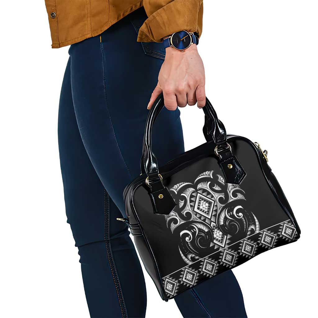 Black Ngaru Taniko With Aotearoa Maori Tattoo Shoulder Handbag LT14 - Polynesian Pride