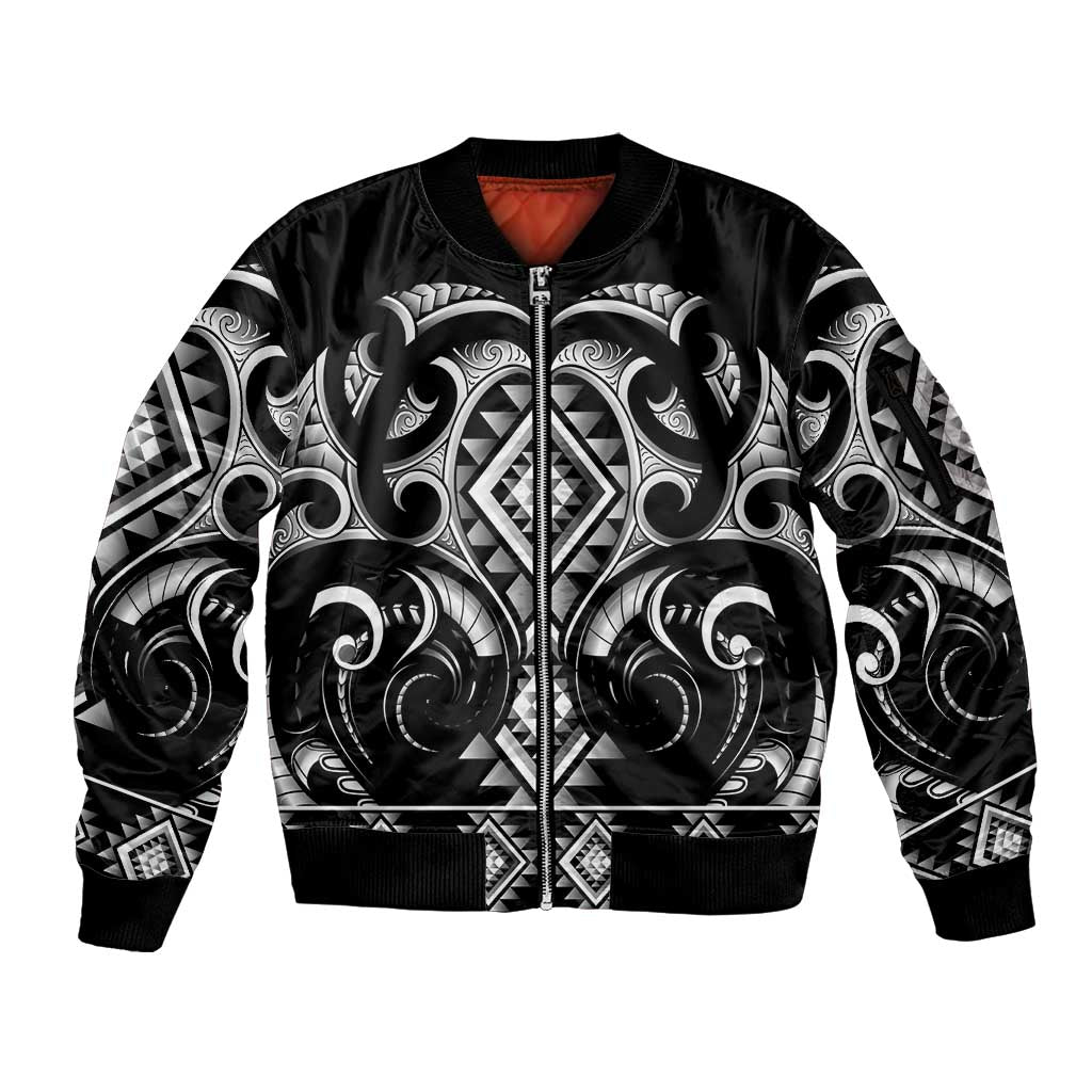 Black Ngaru Taniko With Aotearoa Maori Tattoo Sleeve Zip Bomber Jacket LT14 Unisex Black - Polynesian Pride