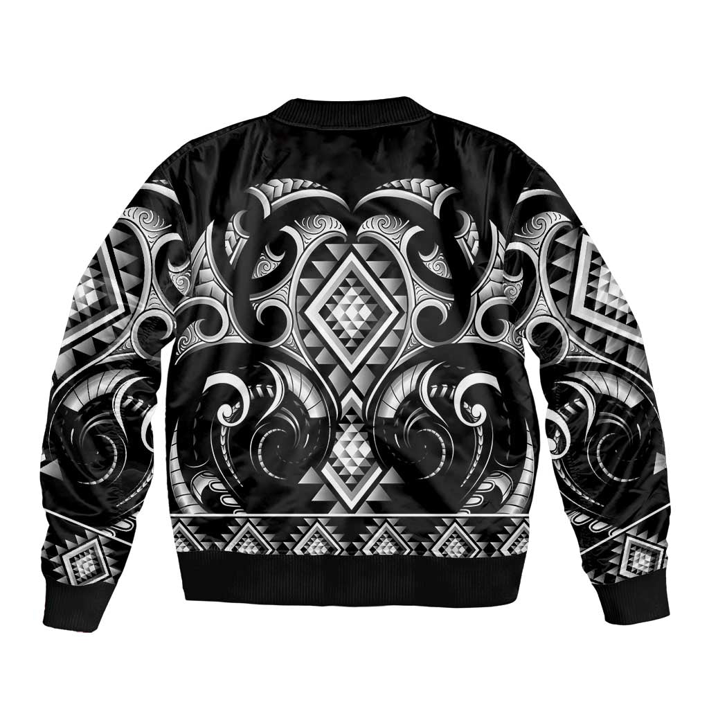 Black Ngaru Taniko With Aotearoa Maori Tattoo Sleeve Zip Bomber Jacket LT14 - Polynesian Pride