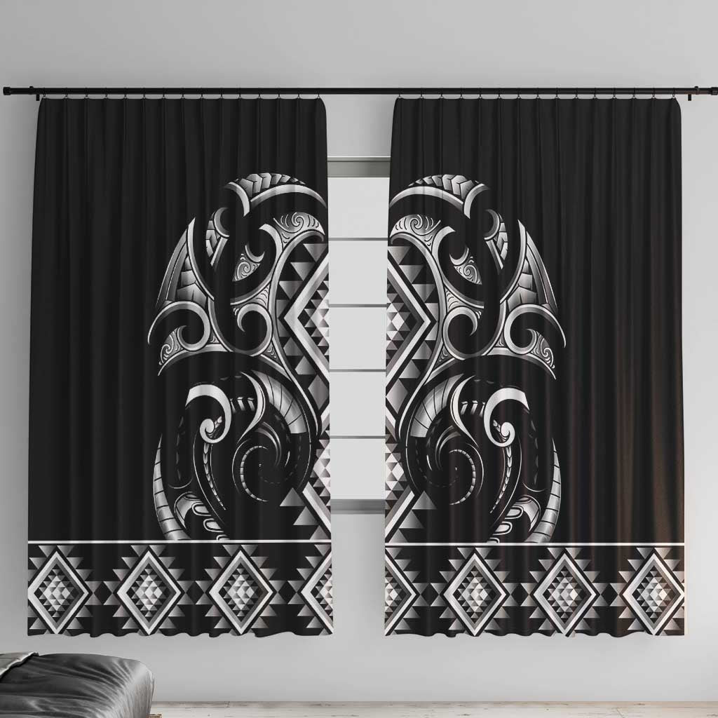 Black Ngaru Taniko With Aotearoa Maori Tattoo Window Curtain LT14 With Hooks Black - Polynesian Pride