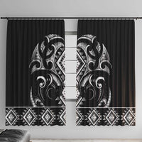 Black Ngaru Taniko With Aotearoa Maori Tattoo Window Curtain LT14 With Hooks Black - Polynesian Pride