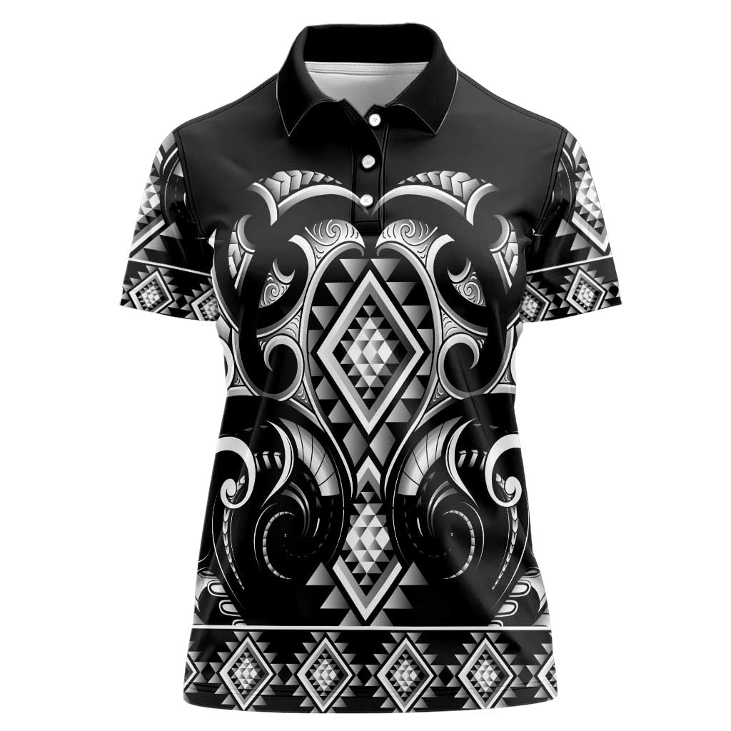 Black Ngaru Taniko With Aotearoa Maori Tattoo Women Polo Shirt