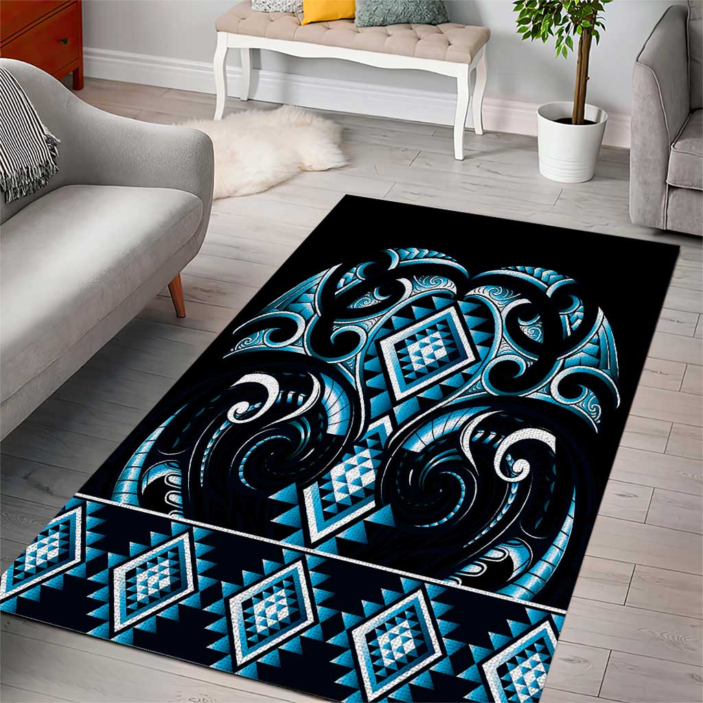 Blue Ngaru Taniko With Aotearoa Maori Tattoo Area Rug LT14 - Polynesian Pride