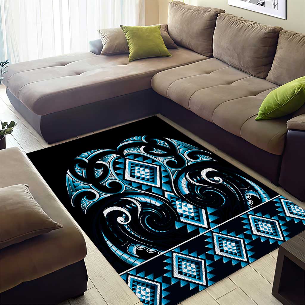 Blue Ngaru Taniko With Aotearoa Maori Tattoo Area Rug LT14 - Polynesian Pride