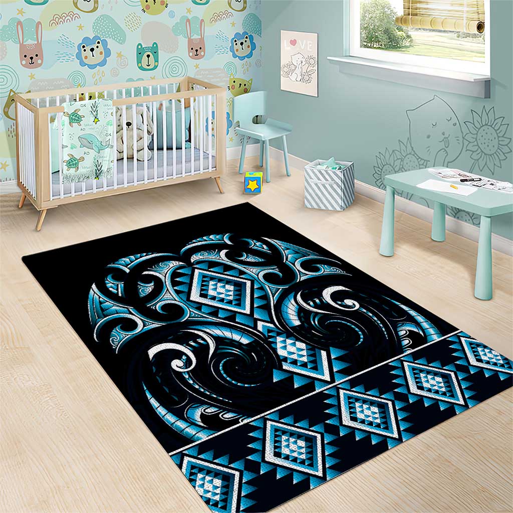 Blue Ngaru Taniko With Aotearoa Maori Tattoo Area Rug LT14 - Polynesian Pride