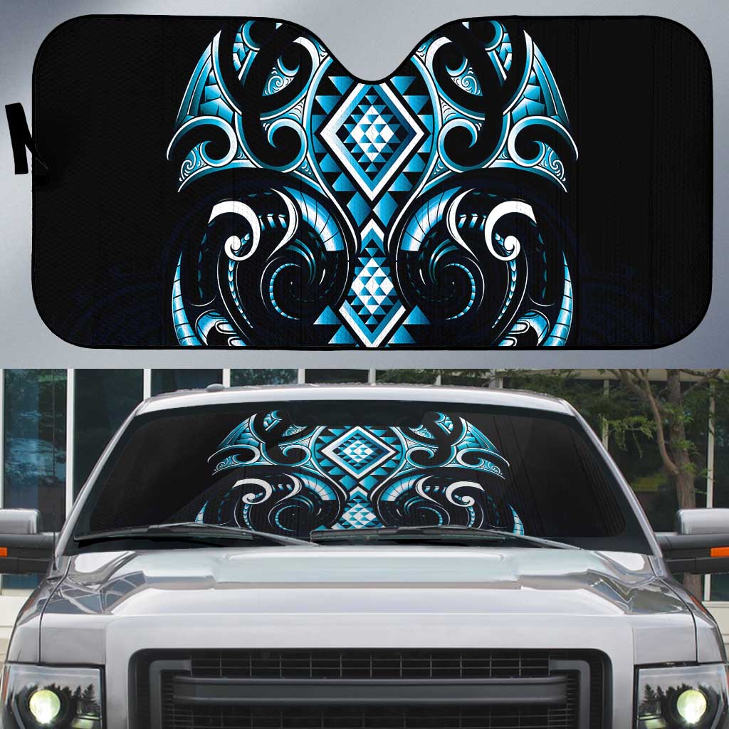 Blue Ngaru Taniko With Aotearoa Maori Tattoo Auto Sun Shade LT14 Blue - Polynesian Pride
