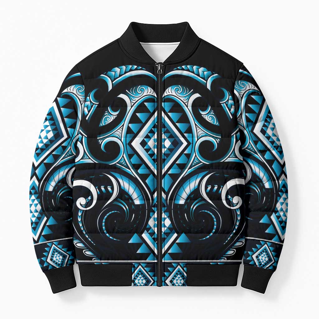 Blue Ngaru Taniko With Aotearoa Maori Tattoo Bomber Puffer Jacket LT14 Unisex Blue - Polynesian Pride