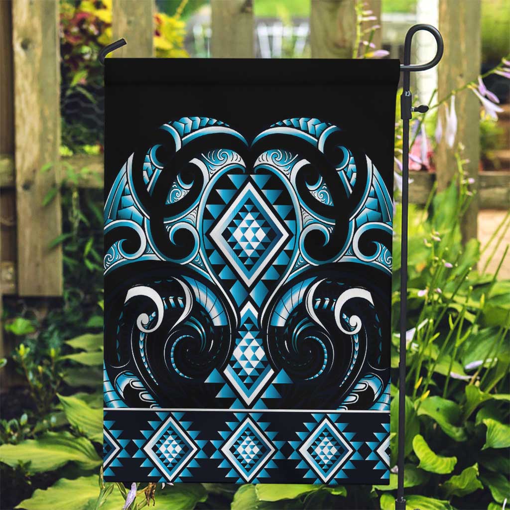 Blue Ngaru Taniko With Aotearoa Maori Tattoo Garden Flag LT14 Garden Flag Blue - Polynesian Pride